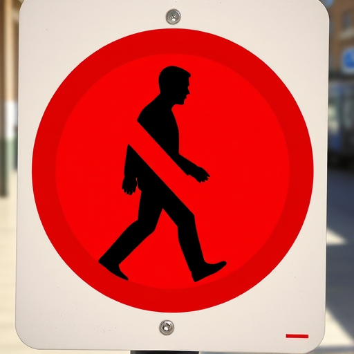 Create an illustration of a no walking sign featuring a stylized silhouette of a person walking inside a red circle with a diagonal line crossing through it, captured with a DSLR camera at f/8 aperture, ISO 100, 50mm lens, daylight setting, with a slightly elevated perspective for a dynamic composition.