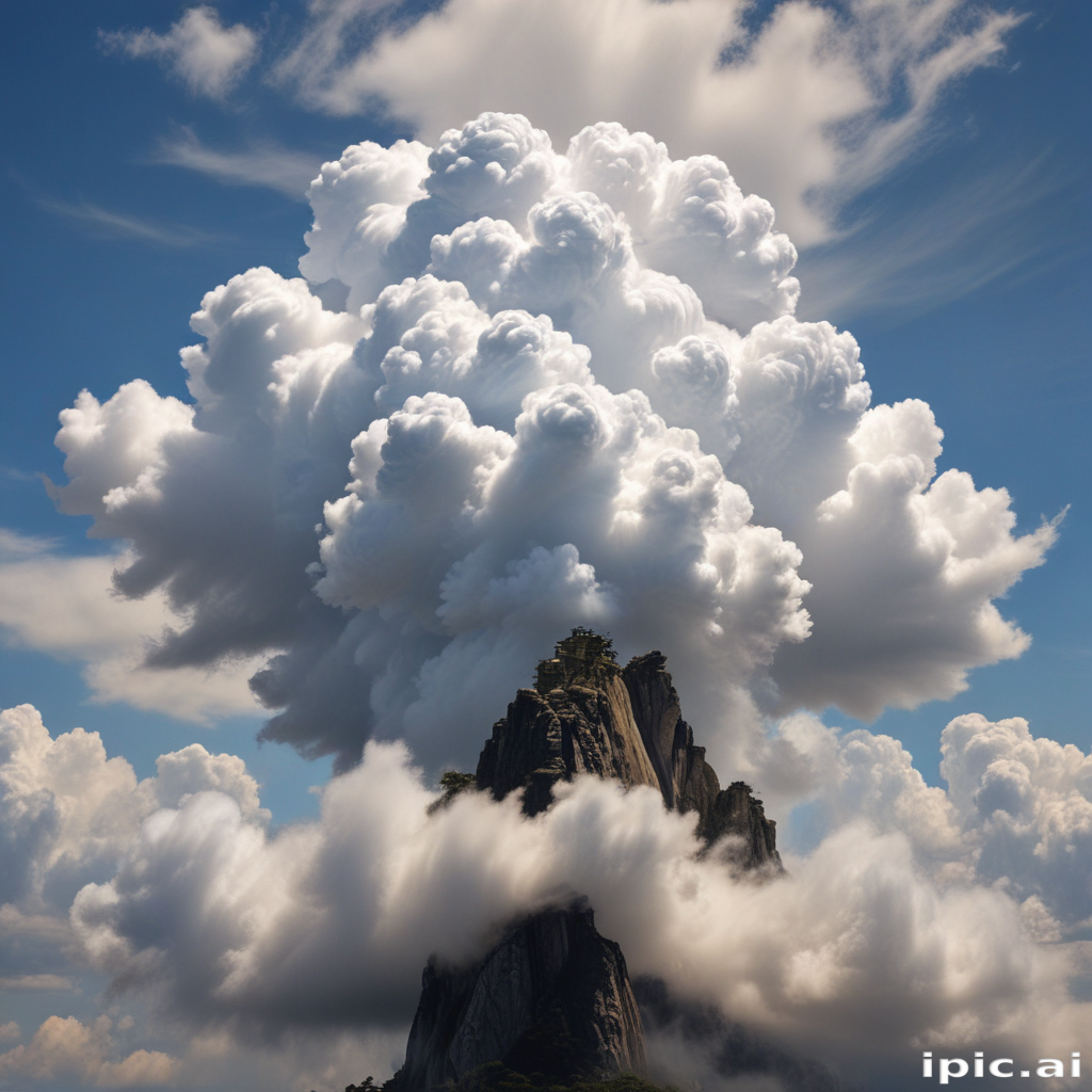 Majestic Mountain Surrounded by Billowing Clouds Under a Bright Blue Sky