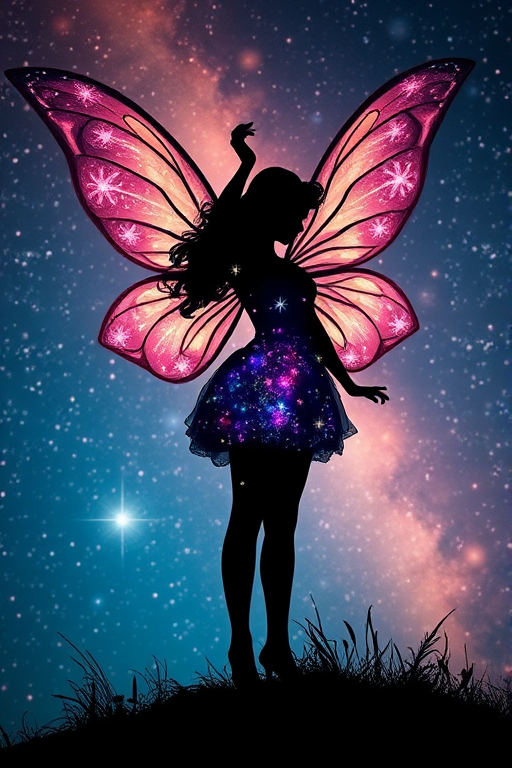 Create a stunning image of a fairy silhouette with large flower-like wings filled with a cosmic starry background, using a high-resolution DSLR camera, focal length of 85mm, aperture set to f/1.8, and soft focus style to enhance the ethereal quality and depth of the scene.