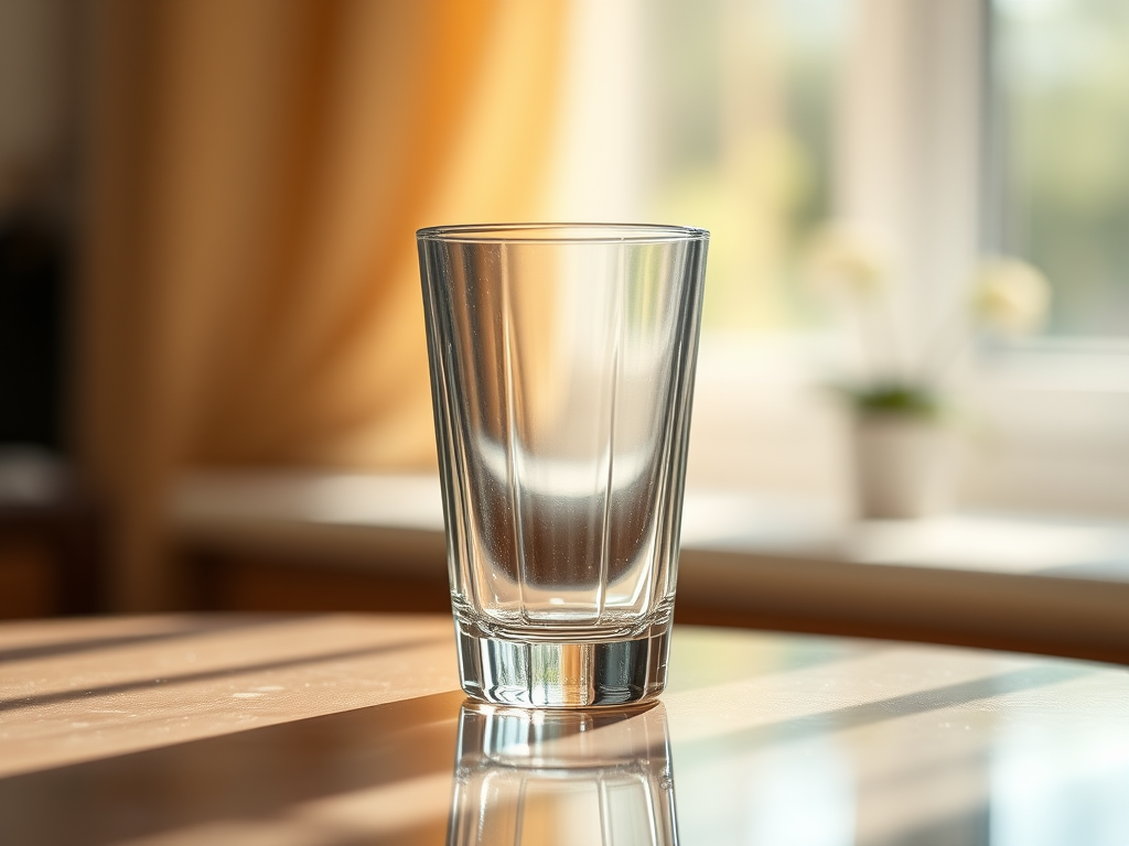 photograph a clear glass on a reflective surface with soft natural lighting, using a DSLR camera at f/2.8, ISO 100, 50mm focal length, close-up view, shallow depth of field, focus on the glass to enhance clarity and detail