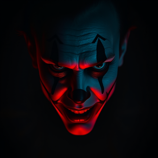 Create a dark, atmospheric portrait of a split-faced clown character with one half in shadow and the other illuminated in red light, using a Canon EOS R5 with a 50mm lens at f/1.8, ISO 400, 1/60 sec, shot in low light for dramatic effect, capturing intricate details and textures on the face.