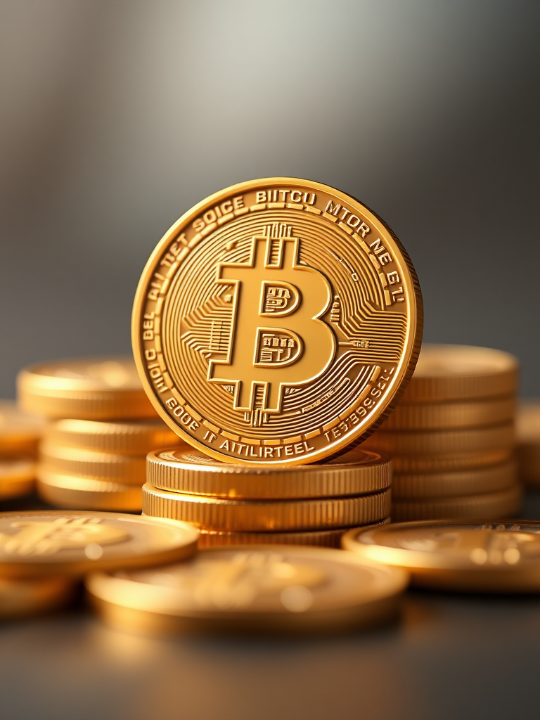 Generate a 3D rendering of stacked gold Bitcoin coins with a soft focus background, using a Canon EOS R5, aperture f/8, ISO 100, shutter speed 1/60s, shot from a low angle view with a 50mm lens for depth of field.