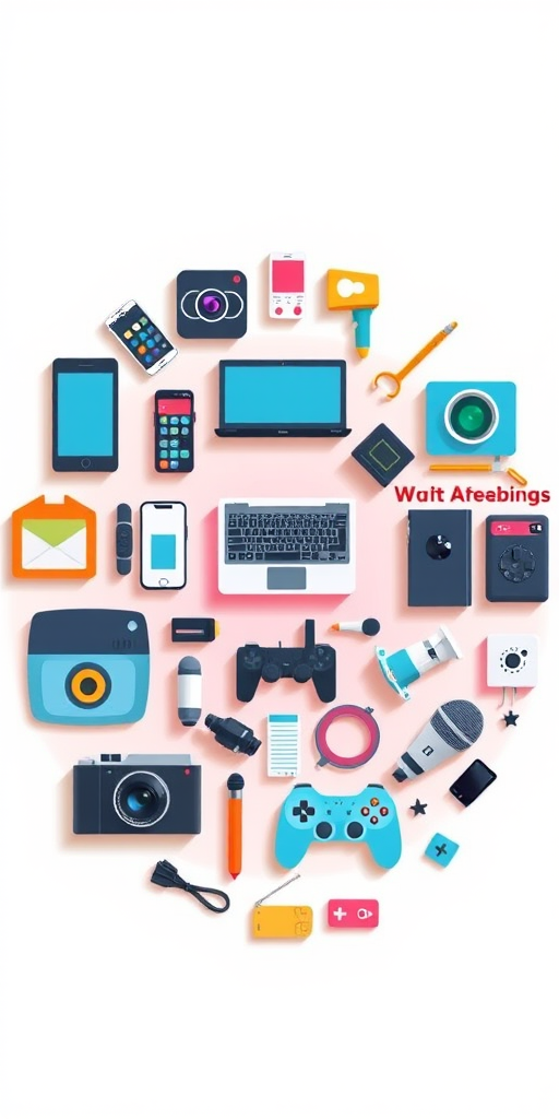 Create a vibrant flat design icon collage featuring modern tech devices and symbols such as a smartphone, laptop, camera, microphone, game controller, and more, using a colorful circular layout with shadows; camera settings: ISO 100, aperture f/8, shutter speed 1/200s; camera view: top-down; camera style: minimalistic; camera type: DSLR.