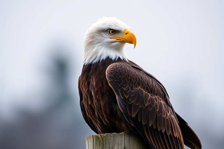 Capture a close-up of a bald eagle perched on a wooden post with a blurred natural background, using a Canon EOS 5D Mark IV, 85mm lens, f/2.8 aperture, ISO 200, 1/500 shutter speed, natural light for high detail and vibrant colors.