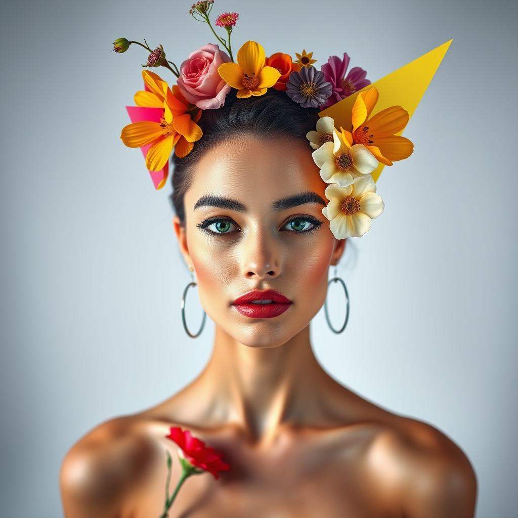 Portrait of a woman with colorful geometric elements and floral accents in a minimalist studio setup, high-resolution, soft studio lighting, f/2.8, ISO 100, 50mm lens, HDR photography, frontal view, digital art style.