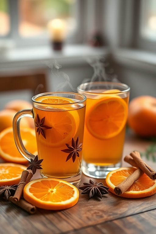 Create a cozy still life image of two glasses of steaming orange spice tea with orange slices, anise stars, and cinnamon sticks arranged on a wooden table, soft focus background, natural lighting, shot with a Canon EOS R5, 85mm lens, aperture f/1.8, ISO 200, with a warm color palette to enhance the inviting atmosphere.