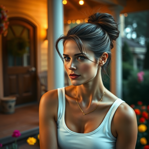 A photo of Charlize Theron with a background of a cozy porch. She has dark hair pulled back in an updo, with tendrils framing her face. She wears a white tank top and sits on the porch. The porch is part of a well-lit home with a warm, earthy tone and colorful flowers and foliage. The overall scene has a warm, welcoming, and comfortable ambiance.