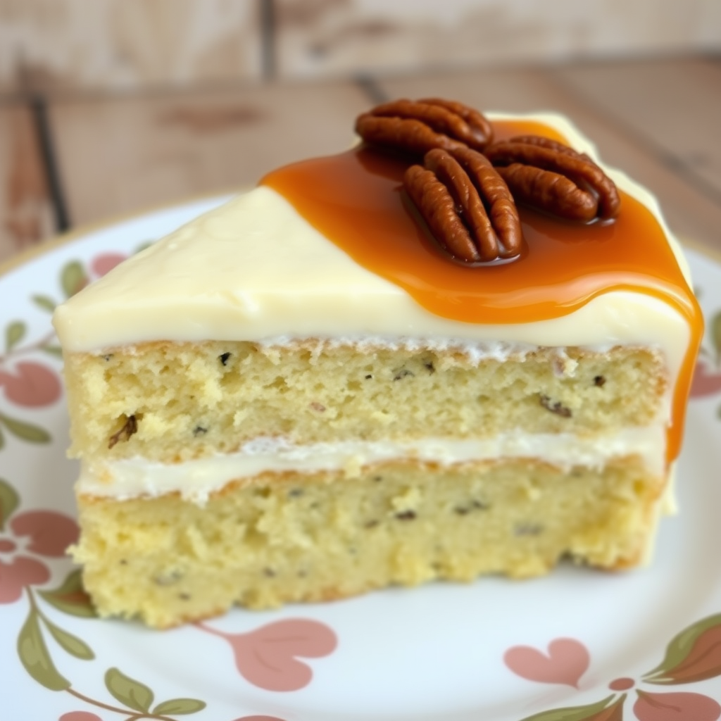 A slice of moist cake layered with creamy frosting, topped with caramel sauce and garnished with pecans, set on a decorative plate with a rustic background.