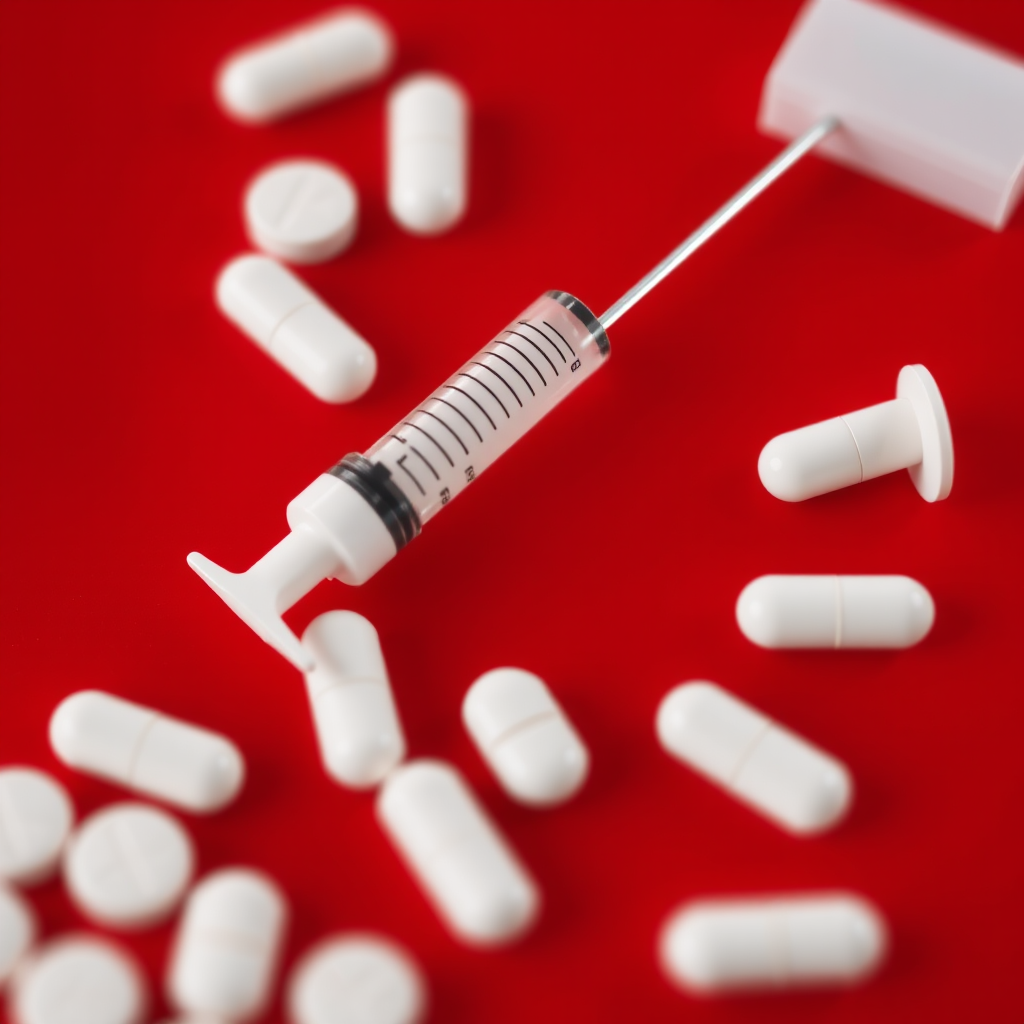 Create an image of a stylized white syringe and pills on a solid red background, with a high-resolution DSLR camera using f/1.8 aperture, 50mm lens, natural lighting, and a shallow depth of field to emphasize the syringe and pills.