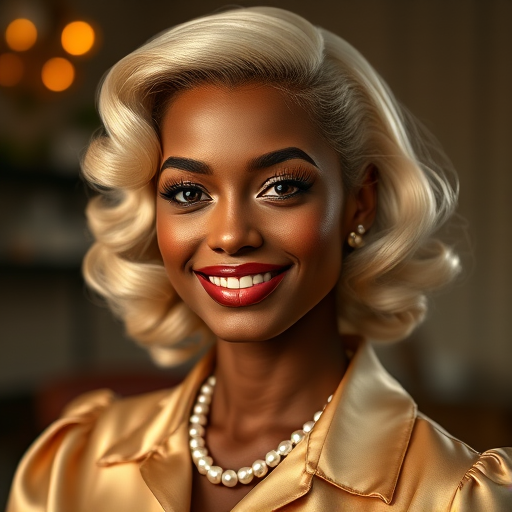 A beautiful Afro-Caribbean woman reminiscent of 1950s Hollywood glamour, with perfectly styled blonde hair and a seductive smile, dressed in a satin blouse and adorned with pearls, soft and warm tones, photorealistic, 8K