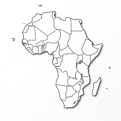 Create a detailed, high-resolution black and white vector outline map of Africa featuring country borders with emphasis on clarity and precision, shot with a Canon EOS R5 at f/8, ISO 100, 24mm focal length, in a flat lay style for optimal symmetry and detail enhancement.