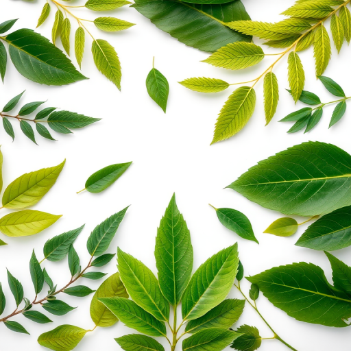 Create a high-resolution image of various types of green leaves arranged artistically on a white background, using a macro lens, f/2.8 aperture, 50mm focal length, and natural lighting to enhance details and colors.
