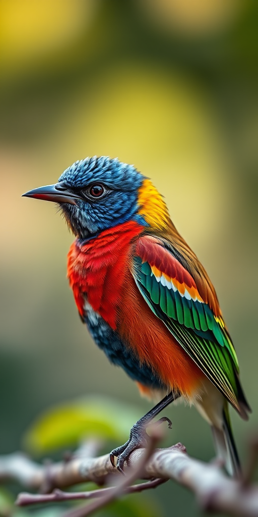 Regenerate the image of a colorful bird with intricate feather details in a soft-focus natural background, using a DSLR camera with a 50mm lens, aperture set to f/2.8, ISO 200, shutter speed 1/100s, portrait view for enhanced clarity and depth.