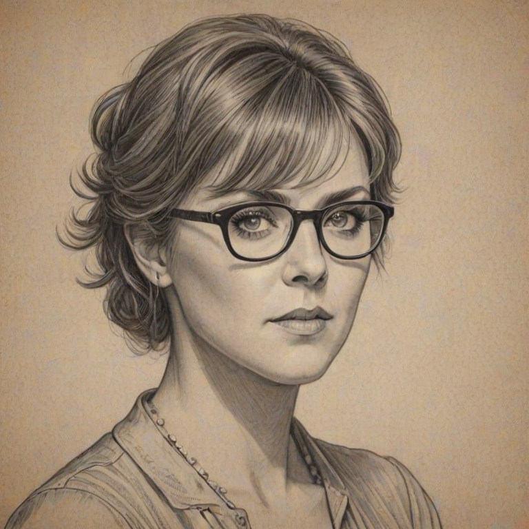 Comely Amanda Tapping, pencil sketch, portrait of Appealing woman 1923s in glasses, hair style beatnik, outline, clear lines, fine lines, 8k
