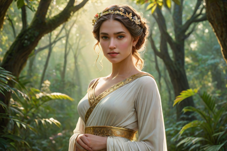 Create a portrait of a goddess-like female figure in a tranquil, forested environment. She has an elegant appearance with long, wavy hair styled in an updo and adorned with a delicate, floral headband. She wears a flowing, ancient Greek-inspired gown in a soft, pale color, featuring a one-shoulder design and draped fabric that accentuates her graceful form. The outfit includes a decorative belt with ornate gold detailing, and she holds a bow in her hand, with a quiver of arrows slung over her shoulder. The background depicts lush greenery, with sunlight filtering through the trees, casting a gentle, ethereal light on the scene. Her expression is calm and contemplative, embodying a sense of wisdom and serenity.