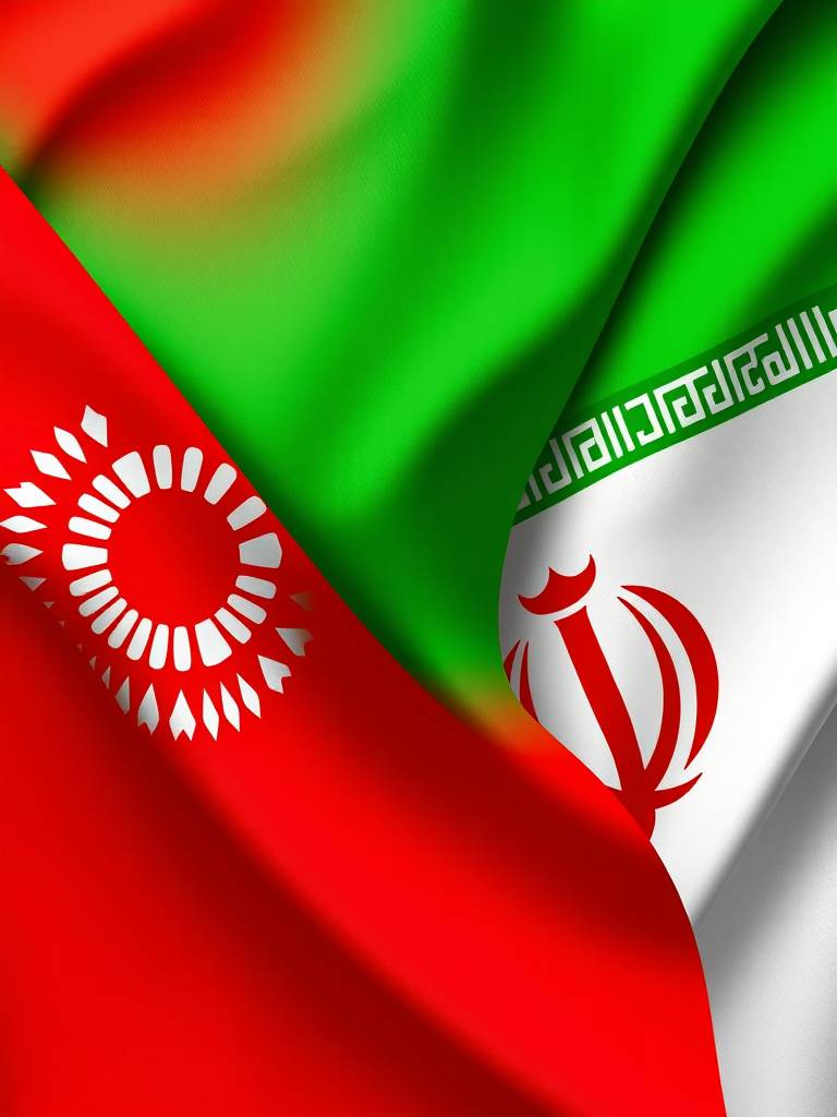 Generate an image of the flags of Tajikistan and Iran intertwined, using a high-resolution DSLR camera with a 50mm lens, f/1.8 aperture, ISO 200, shot from a 45-degree angle to enhance detail and vibrancy.
