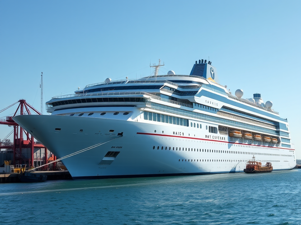 high-resolution image of a large cruise ship docked at a port under a clear blue sky, captured with a DSLR camera setting ISO 100, aperture f/8, shutter speed 1/250 sec, wide-angle view, with soft natural lighting to enhance details and colors