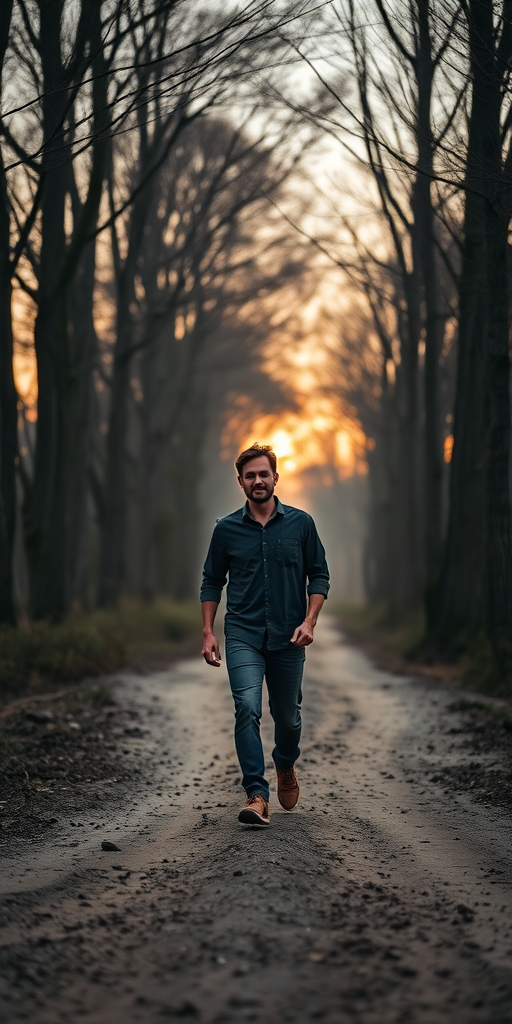Portrait of a man walking down a dirt path surrounded by trees at dusk, natural light, depth of field, 50mm lens, f/2.8, ISO 200, shot with a DSLR in landscape orientation.