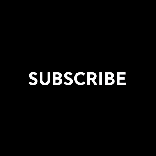 Create a high-resolution image with the text "SUBSCRIBE" in bold white letters on a solid black background, captured with a DSLR camera at f/2.8, ISO 100, 50mm lens, in a straight-on view with soft studio lighting.