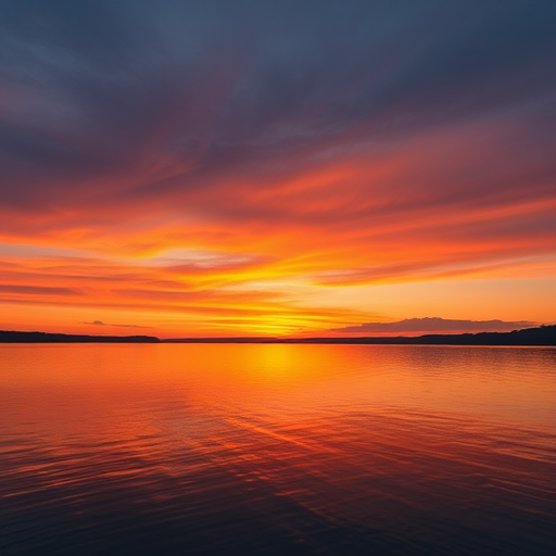 Create a high-resolution image of a serene sunset over a calm lake, captured with a DSLR camera at f/11, ISO 100, shutter speed 1/125s, 24mm wide-angle lens, using a landscape format with vibrant colors and soft reflections on the water.