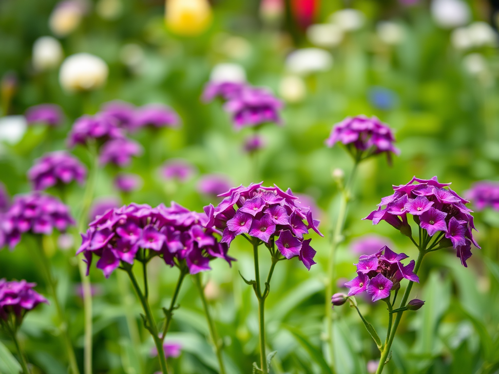 A lush garden scene featuring clusters of vibrant purple flowers in sharp focus with a soft blurred background, captured with a DSLR camera at f/2.8 aperture, 50mm lens, ISO 100, natural lighting, shallow depth of field, and a slight low-angle view to enhance the floral details and surrounding greenery.