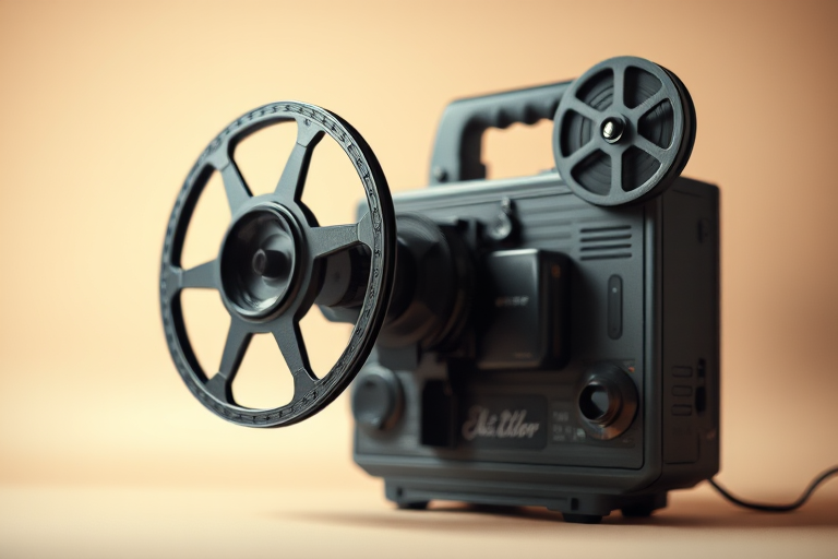vintage film projector on a neutral background, 50mm lens, f/2.8 aperture, ISO 100, soft focus, high dynamic range, studio lighting, shot in a close-up perspective with a slight tilt for artistic effect, DSLR camera