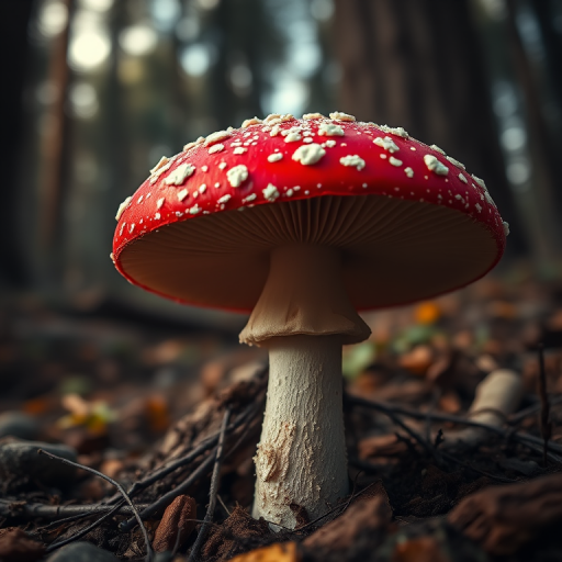 Regenerate the image of a vibrant red mushroom with white spots in a dark, atmospheric forest setting, using a DSLR camera with a 50mm lens, aperture set to f/2.8, ISO 200, and a slight vignette effect for added depth and focus on the mushroom.