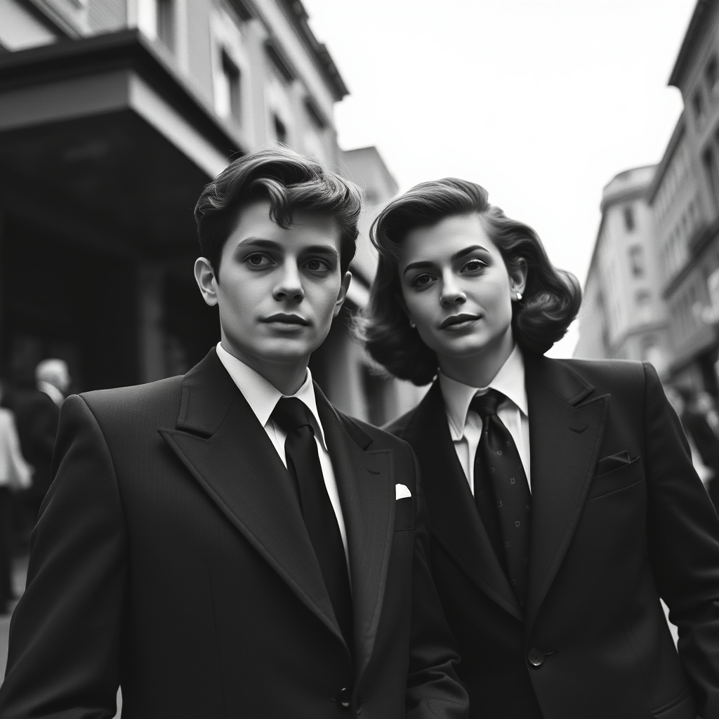 Black-and-white photograph, couple, tailored suits, retro hairstyles, film noir style, Tilt the camera for a dynamic Dutch angle using a versatile 24-70mm lens