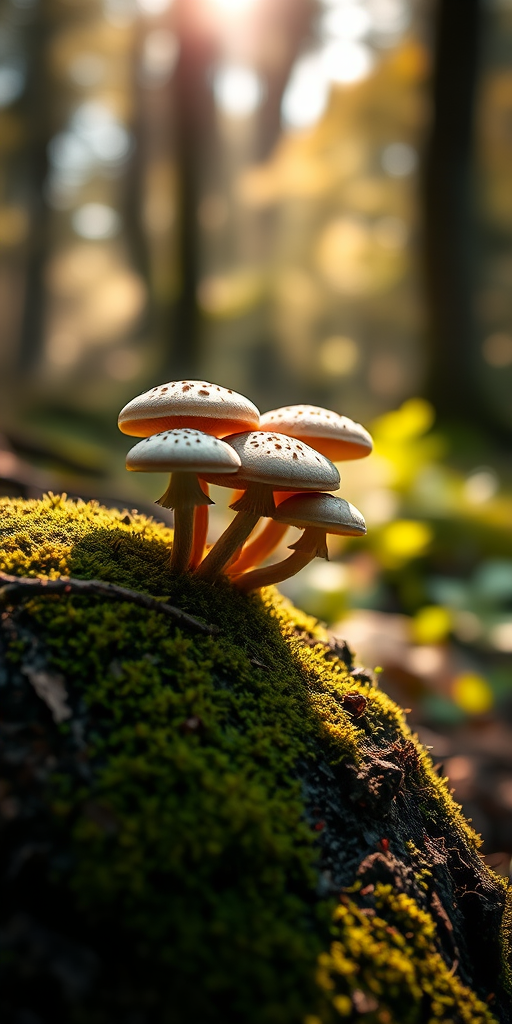 Mushrooms growing on a mossy stump in a sunlit forest, soft focus background, taken with a Canon EOS 5D Mark IV, f/2.8, 50mm lens, with a shallow depth of field and natural lighting for enhanced clarity and texture.