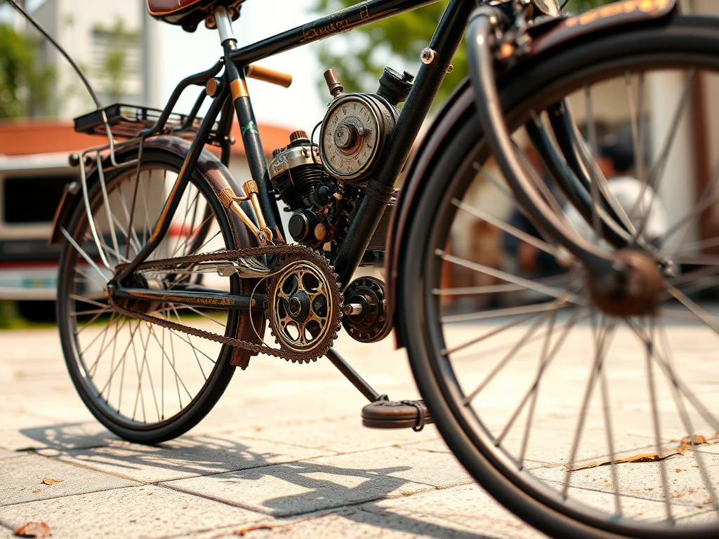 Generate a high-resolution image of a vintage steampunk bicycle showcasing intricate mechanical details, shot from a low angle with a 50mm lens, aperture set to f/1.8 for a shallow depth of field, using a DSLR camera for enhanced clarity and vibrant colors.