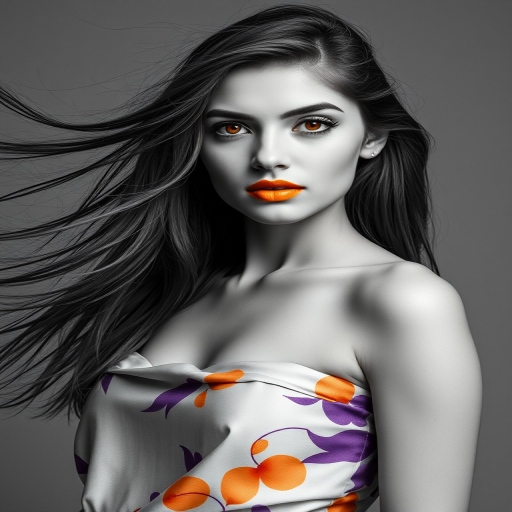 Photographic image of a beautiful young Kurdish woman, orange eyes, lips with Yellow lipstick, long hair fluttering in the wind and wearing a silk strapless dress with a soft purple and orange print. monochrome image with only color highlights in the iris of the eyes, lipstick and dress. Gray background.