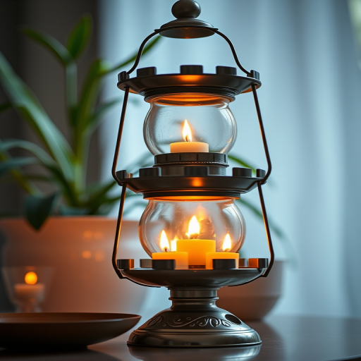 Capture a beautifully lit three-tiered oil lamp with glowing candles arranged on each layer, surrounded by soft ambient lighting and a green potted plant in the background, using a Canon EOS 5D Mark IV at f/2.8, ISO 200, 1/60 sec, in a close-up perspective to enhance details and depth of field.
