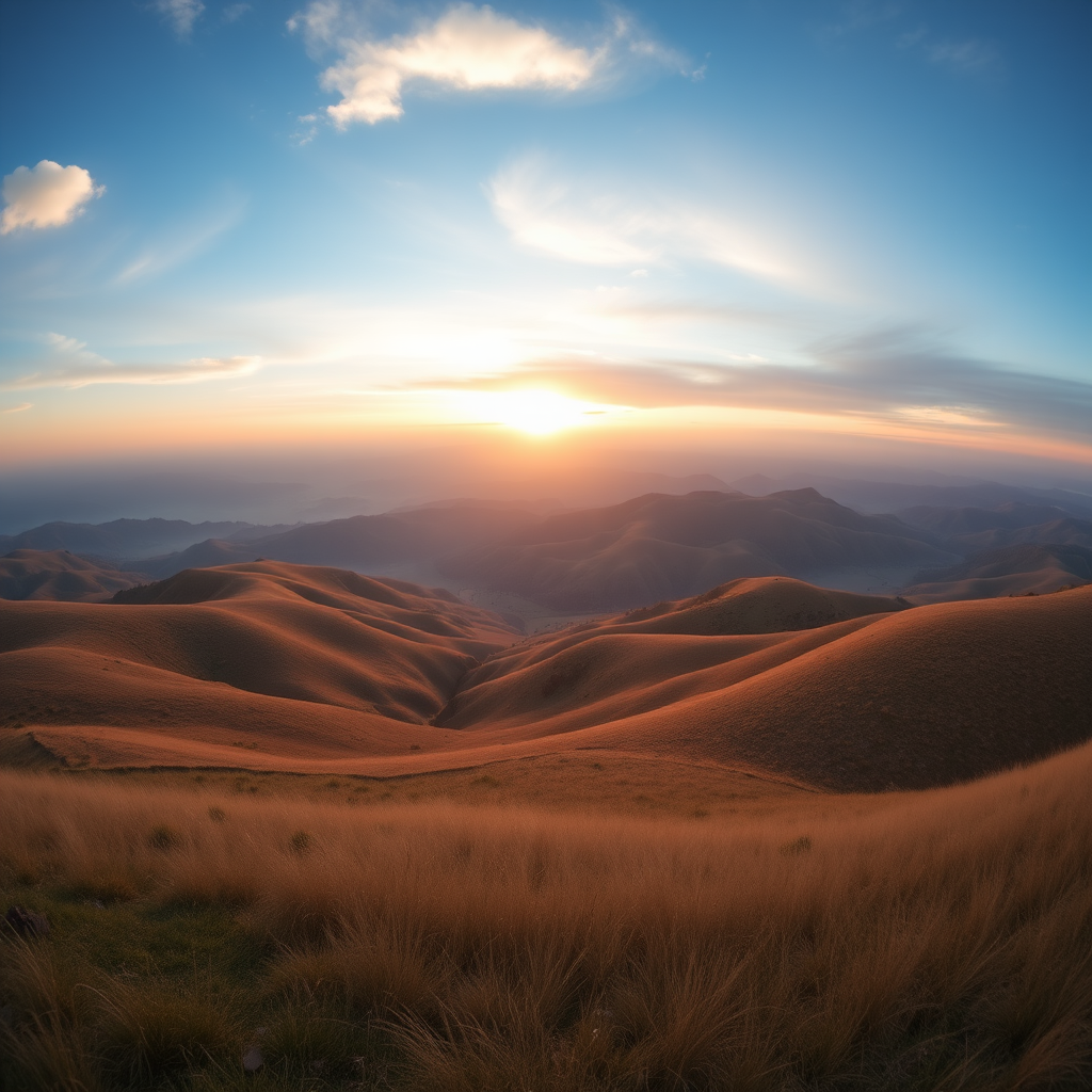 landscape at dawn with rolling hills and soft golden light, f/8 aperture, ISO 100, 1/200 sec shutter speed, using a DSLR camera, wide-angle lens, panoramic view for enhanced depth.