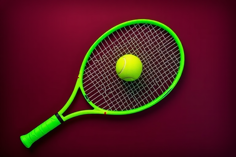 Create an image of a stylized tennis racquet and ball design, vibrant neon green against a deep maroon background, shot with a Canon EOS 5D Mark IV, 50mm lens, f/2.8, ISO 100, using a flat lay view with high contrast lighting for enhanced clarity.
