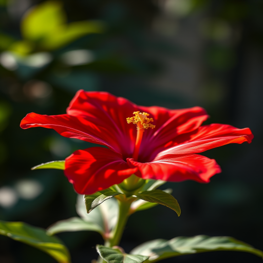Generate a high-resolution digital illustration of a vibrant red flower with green leaves, taken from a close-up perspective using a Canon EOS 5D Mark IV, f/2.8 aperture, 50mm lens, soft-focus background with subtle bokeh effect, and natural lighting for enhanced color depth.