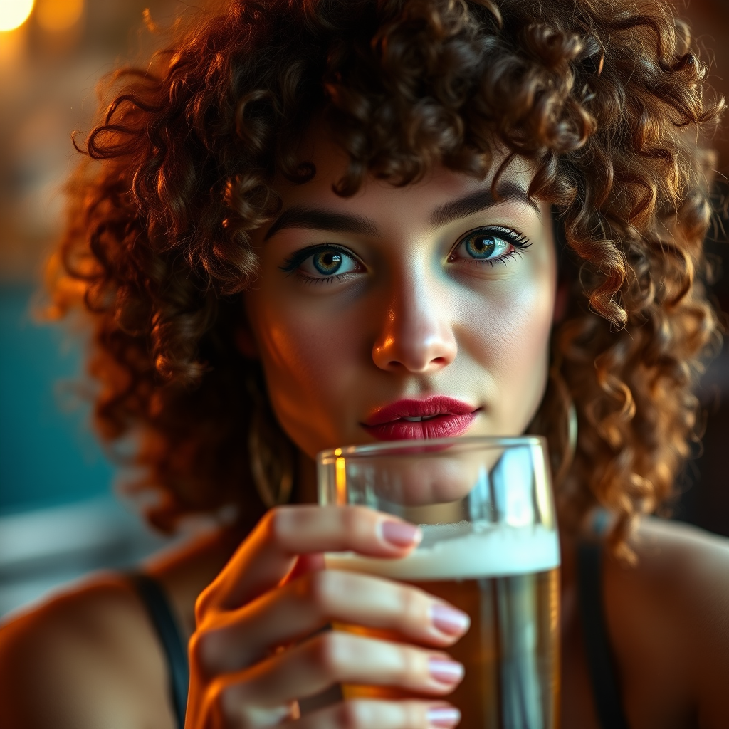 A portrait of a woman with curly hair holding a glass of beer, warm lighting, soft focus, captured with a 50mm lens at f/1.8, ISO 100, natural lighting, detailed texture and vivid colors in a retro style.