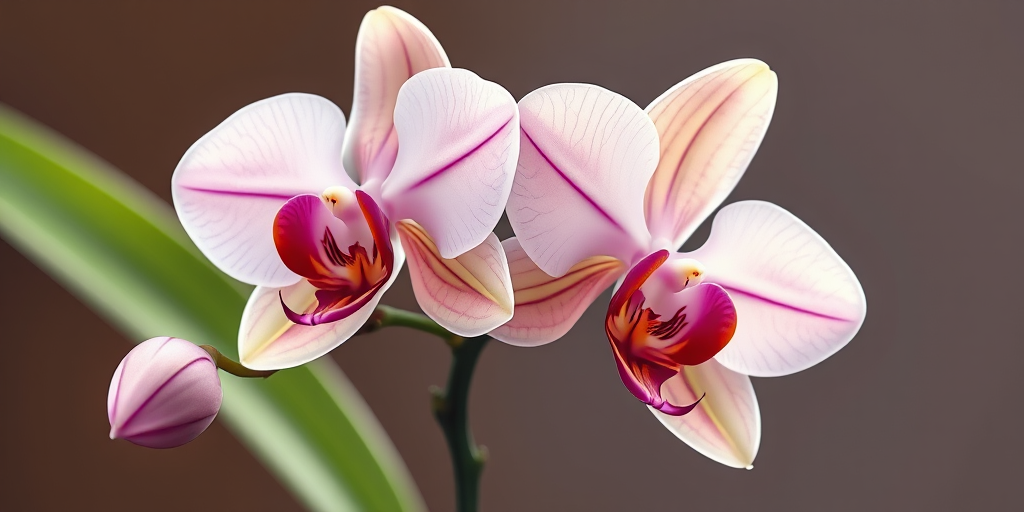 Create an illustration of two stylized orchids with elongated leaves, focus on intricate details and soft shading, camera settings: f/2.8, ISO 100, shutter speed 1/200s, camera view: macro perspective, camera style: vibrant color enhancement, camera type: DSLR.