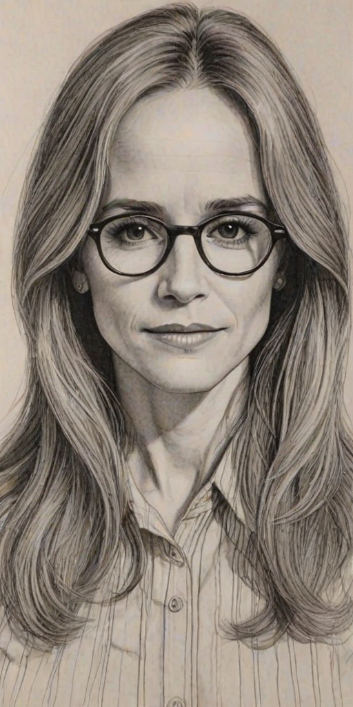 Ravishing Holly Hunter, pencil sketch, portrait of Bewitching woman 1970s in glasses, hair style beatnik, outline, clear lines, fine lines, 8k