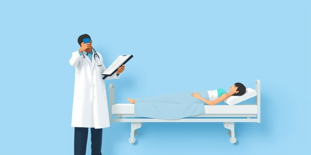 A digital illustration of a doctor in a white coat holding a clipboard standing next to a patient lying on a hospital bed, blue background, camera settings: ISO 100, aperture f/8, focal length 50mm, shot in a flat lay style with soft focus for a professional medical aesthetic.