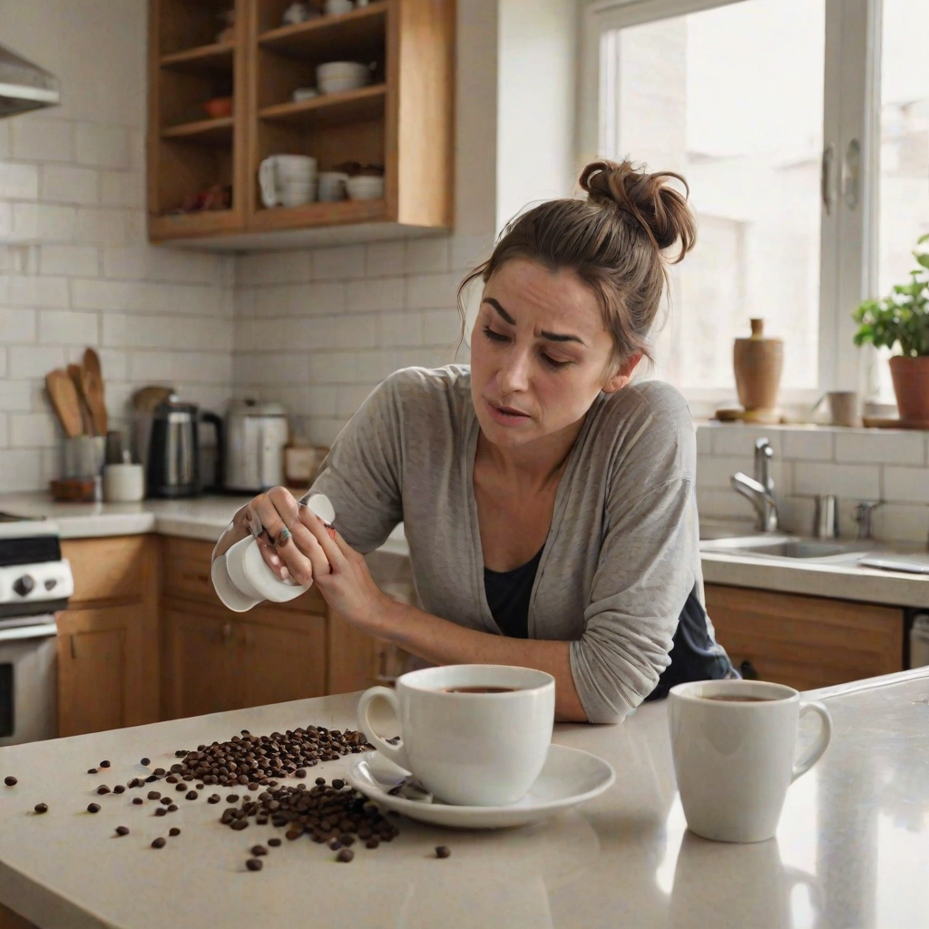 A portrait capturing a humorous and relatable scene of morning exhaustion. A woman with a messy bun, is slumped over a kitchen table, head resting on the surface in apparent fatigue. Despite their exhaustion, they are attempting to pour coffee from a pot, but instead of pouring the coffee into the mug she is pouring it onto the kitchen table. The kitchen setting is minimal, with simple countertops and a tiled backsplash in the background. Scattered coffee beans and an empty cup add to the sense of early morning chaos. The overall mood is lighthearted, portraying the struggle of waking up and the desperate need for coffee in a comedic yet relatable way.