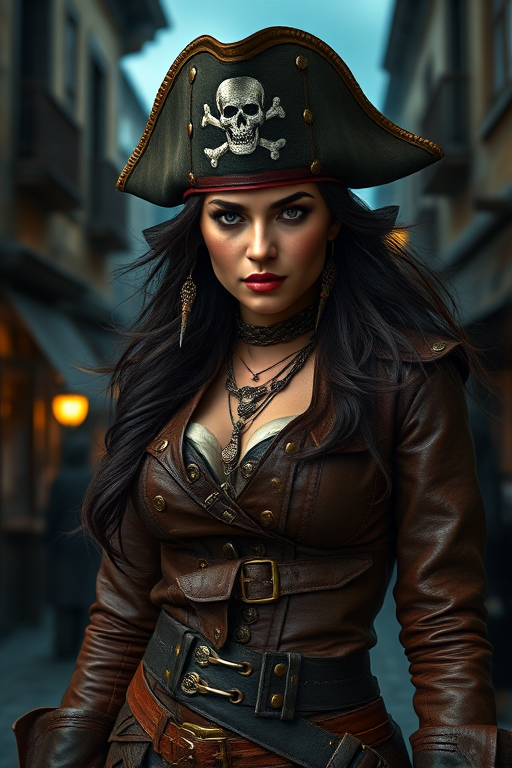 Create a portrait of a fierce female pirate. She wears a leather tricorn hat adorned with a skull and crossbones emblem, and her long, dark hair flows around her face. Her outfit consists of a richly detailed leather jacket, a corset, and multiple layers of belts and accessories, giving her a formidable and stylish appearance. She stands confidently in a dimly lit, historic port town, with a backdrop of weathered buildings and cobblestone streets, capturing the adventurous spirit of a pirate.