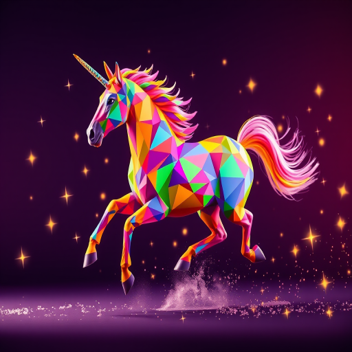 Create a vibrant, colorful image of a unicorn made of rainbow-colored triangles, galloping amidst sparkling stars, using a high-resolution digital camera with a 50mm lens, f/2.8 aperture, ISO 100, and a slight motion blur effect to convey speed, captured in a studio setting.