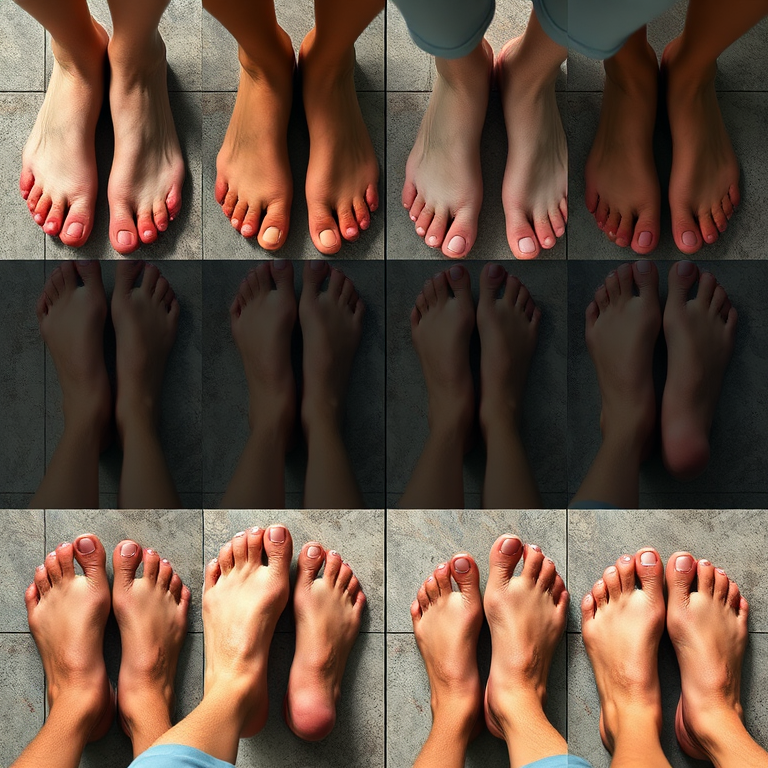 Regenerate an image of multiple views of human feet, 50mm lens, f/2.8 aperture, ISO 100, high-resolution, natural lighting, top-down perspective, digital photography.