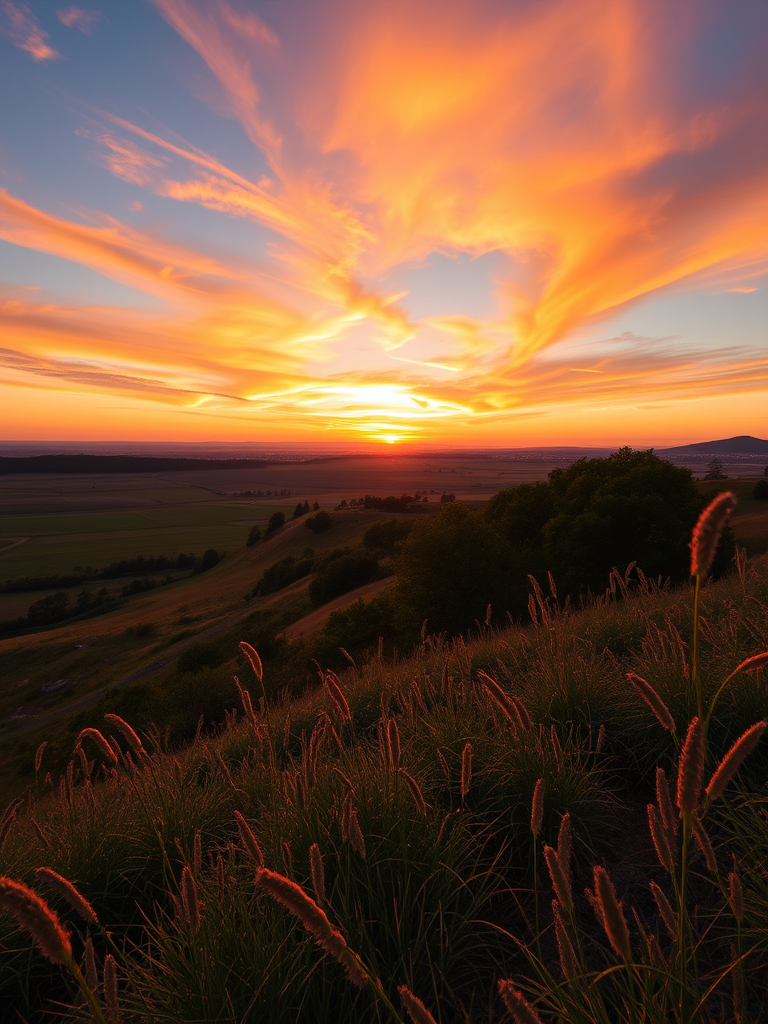 Regenerate a vibrant sunset landscape with a wide-angle view, using a DSLR camera, aperture f/11, ISO 100, shutter speed 1/200s, and HDR settings for enhanced detail and color.