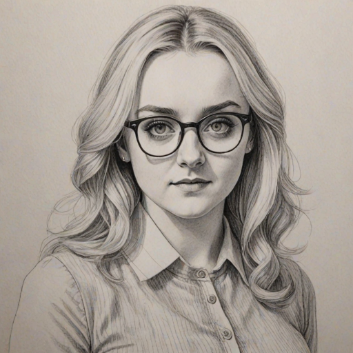 Elegant Evanna Lynch, pencil sketch, portrait of Comely woman 1969s in glasses, hair style beatnik, outline, clear lines, fine lines, 8k