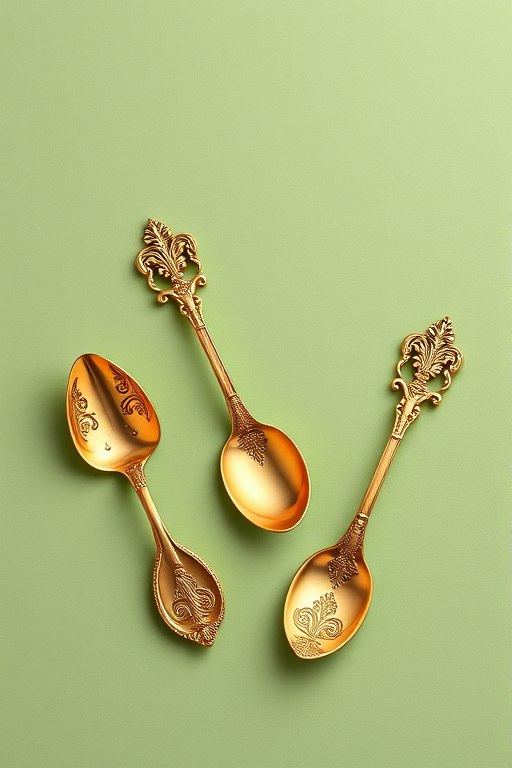 High-resolution illustration of five ornate golden spoons with intricate designs and patterns, placed on a soft green background, using a Nikon D850, f/8 aperture, 50mm lens, natural light, macro view.