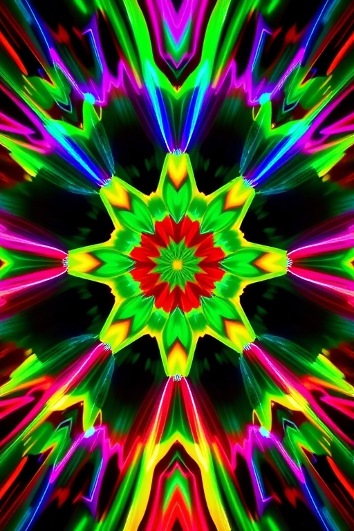 Generate a vibrant, kaleidoscopic abstract image with a symmetrical pattern of colorful light trails, taken with a DSLR camera at f/8, ISO 100, shutter speed 1/60s, using a wide-angle lens and a long exposure style for enhanced clarity and brightness.