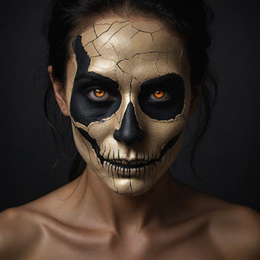 Create image featuring a close-up of a face painted like a skull. The skin is predominantly white with textured, cracked paint. The eye sockets are painted black, blending into the natural shadows of the eyes, creating a deep, hollow look. Bright, intense golden-yellow lights radiate from the eyes, casting a warm glow that contrasts with the cold, esoteric background. The nose is painted black in the shape of a spade. The mouth area features black lines extending from the corners, resembling a stitched effect. The face has sporadic black hair strands that frame it dramatically, adding to the eerie yet captivating feel. The background is blurred and dark, enhancing the focus on the face. Small, glowing orange embers are scattered sporadically across the image, contributing to the mysterious and magical atmosphere. The overall style is hyper-realistic with an emphasis on the contrast between light and dark elements, giving it an almost supernatural