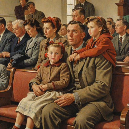 In the style of Norman Rockwell, a 1953 young family, looking pleasantly content is sitting in church, wearing cold weather clothing in autumn colors