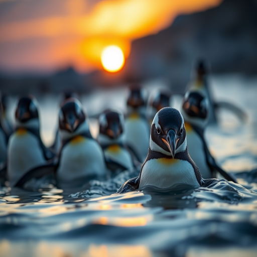 Close-up shot of a group of penguins emerging from water during sunset, with a shallow depth of field, using a DSLR camera with a 50mm lens at f/1.8, ISO 200, shutter speed 1/500, natural lighting to enhance colors and details.